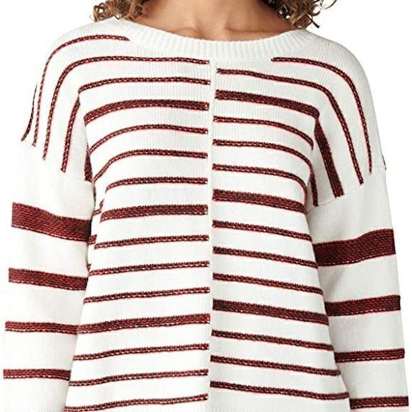 Lucky Brand White Knit Textured Stripe Crew Neck Sweater‎ Sz S - Picture 2 of 11